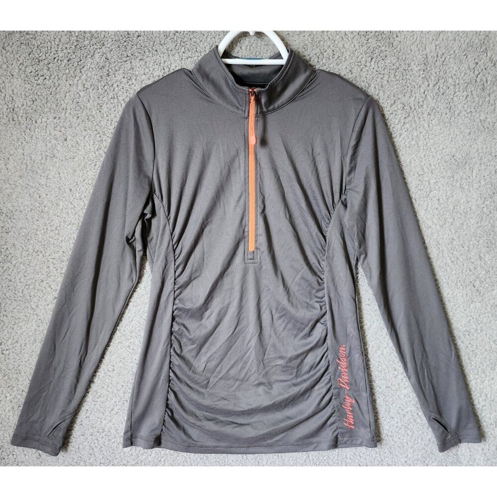 Harley Davidson Women's Long Sleeve Half Zip Performance Top Ruched Front Gray M